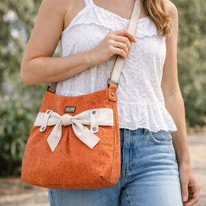 MONTADO‎ Vegan Cork Crossbody Bag Orange Cream Bow Made in Portugal